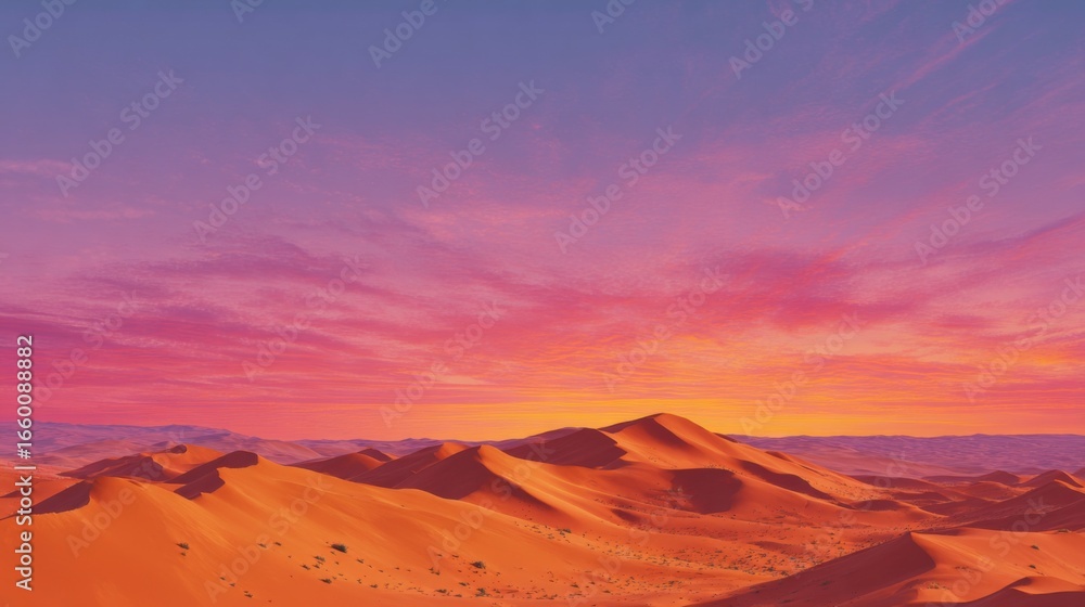 Naklejka premium Majestic desert panorama displaying expansive orange dunes against a stunning pink and purple sky