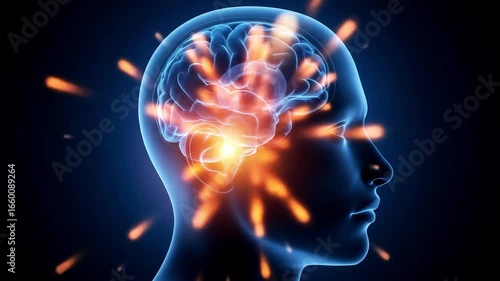 X-Ray Animation of a Human Head Showing Pulsating Pain Signals Firing in the Brain