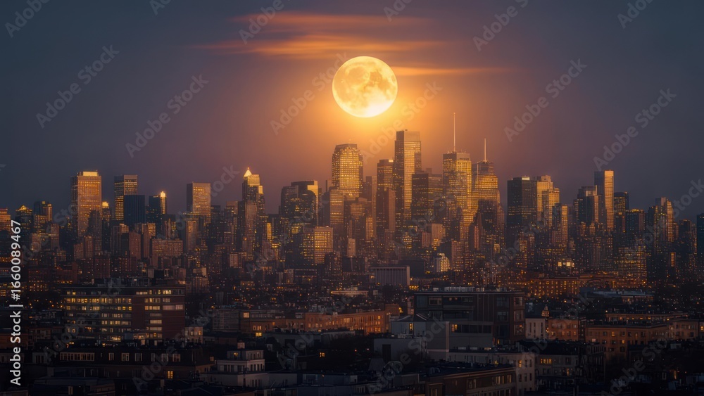 Fototapeta premium City skyline at night with a full moon