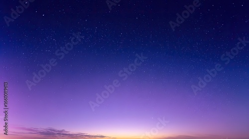 Beautiful cloudless night sky with stars and soft blue-purple gradient, captured in panorama with wide angle and long exposure at sunset, boasting high resolution and a peaceful atmosphere.