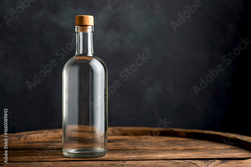 Empty glass bottle with a cork stopper on a wooden barrel