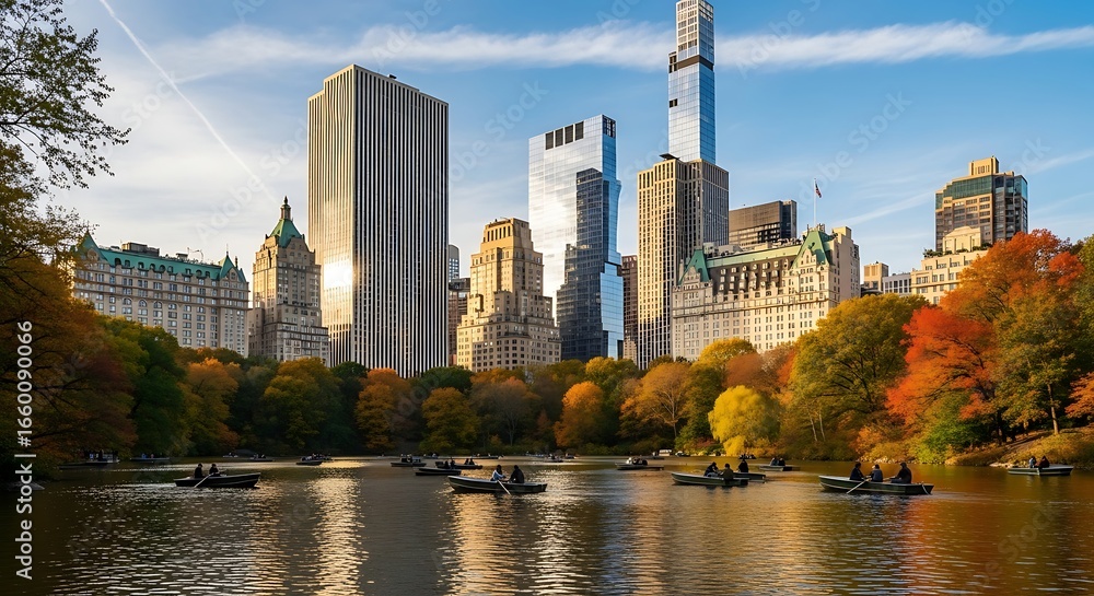 Fototapeta premium Scenic view of Central Park Lake in Autumn, New York City, capturing the iconic skyline