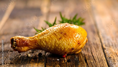 Delicious roasted chicken leg with rosemary on rustic wooden background food photo