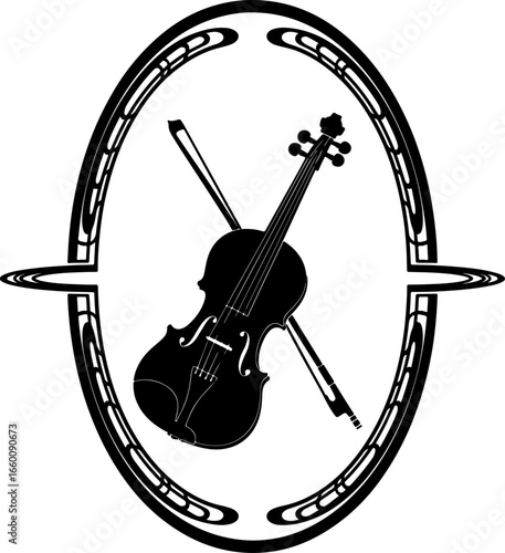 A detailed black silhouette of a violin with bow in an ornate oval frame with art nouveau lines, emphasizing classical elegance and musical refinement.