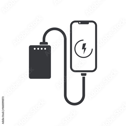 Isolated pictogram of powerbank charging smartphone with USB cable, showing charged battery icon