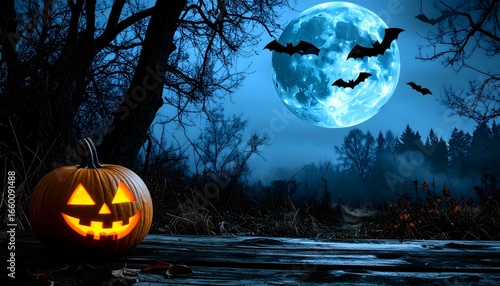 Halloween night background with pumpkin bats and moon spooky halloween scene