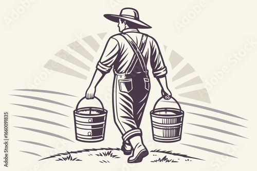 Vintage vector illustration of farmer carrying buckets in rural agricultural field.
