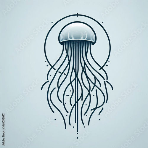 Stylized jellyfish illustration with flowing tentacles against a soft blue background