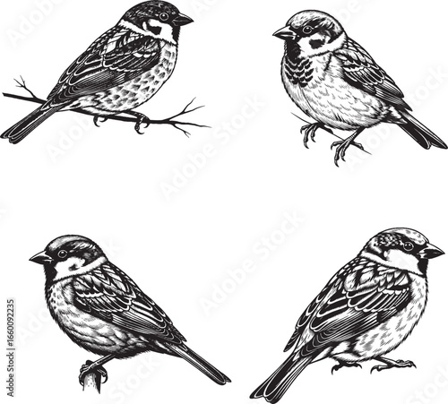 Wallpaper Mural Sparrow Silhouettes in Varied Poses – Minimalist Black and White Bird Set Torontodigital.ca