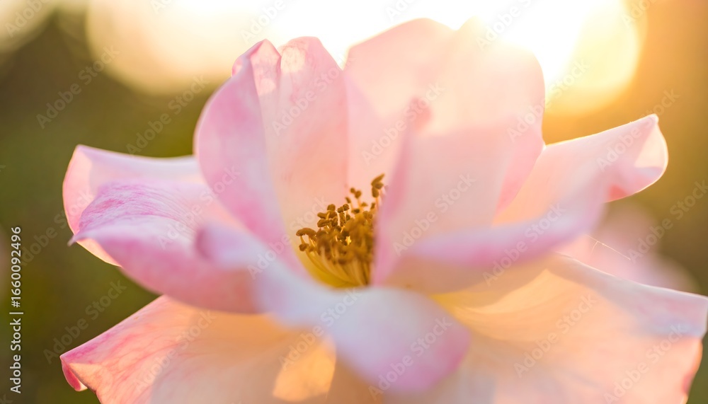 Obraz premium Close up of a soft pink rose flower blooming in the garden with golden light bokeh