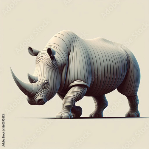 Stylized rhinoceros walking on a plain background, showcasing unique design and texture