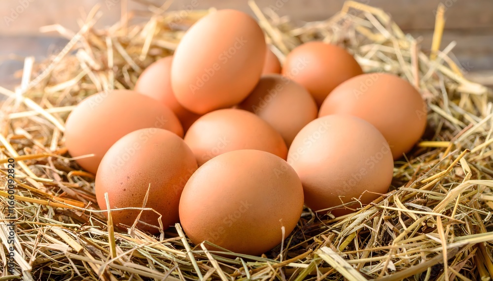 Fresh brown chicken eggs in a nest of straw for easter and healthy eating diet Fresh brown chicken eggs in a nest of straw for easter and healthy eating diet