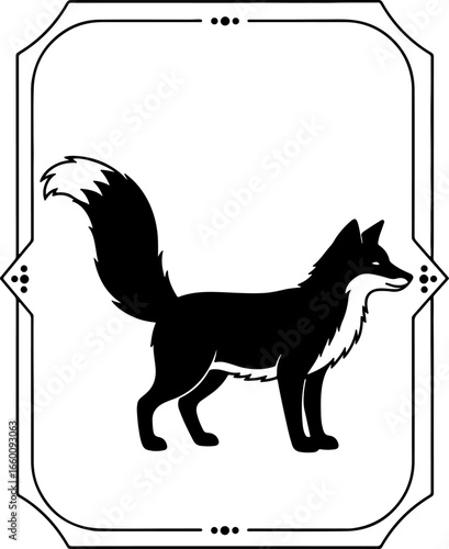 A striking black silhouette of a fox with bushy tail, in a vertical rectangular frame with dotted border and decorative line breaks, emphasizing agility and cunning.