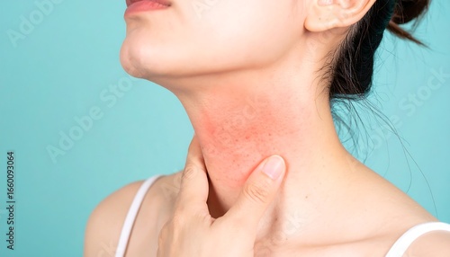 Close-up of a woman's inflamed neck skin, highlighting a reddened area and a concerned expression.