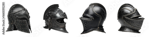 Set of antique gothic medieval steel helmets featuring knight protective battle masks, warrior armor steel, vintage craftsmanship, and historical helmet headpieces transparent background