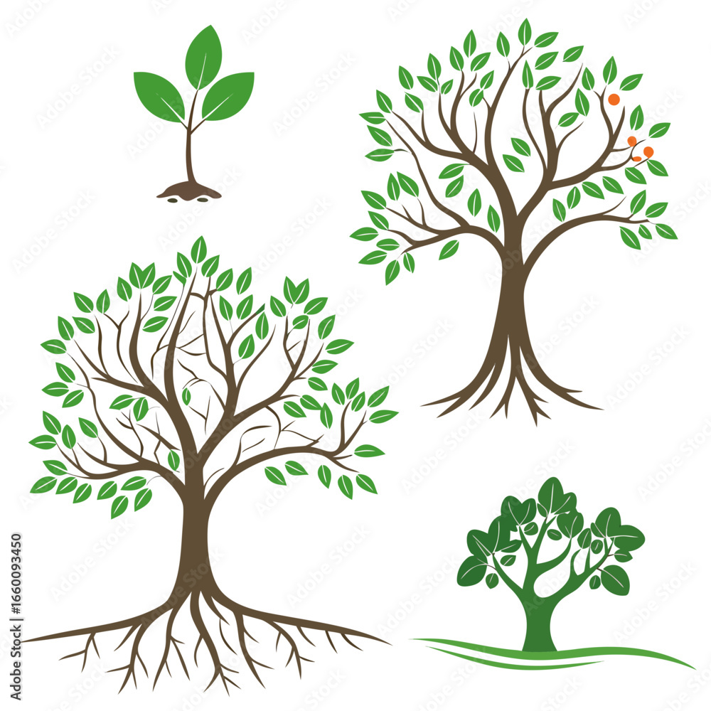 Obraz premium Tree Icon Vector Set – Nature, Forest, and Eco Symbols in Flat and Silhouette Design