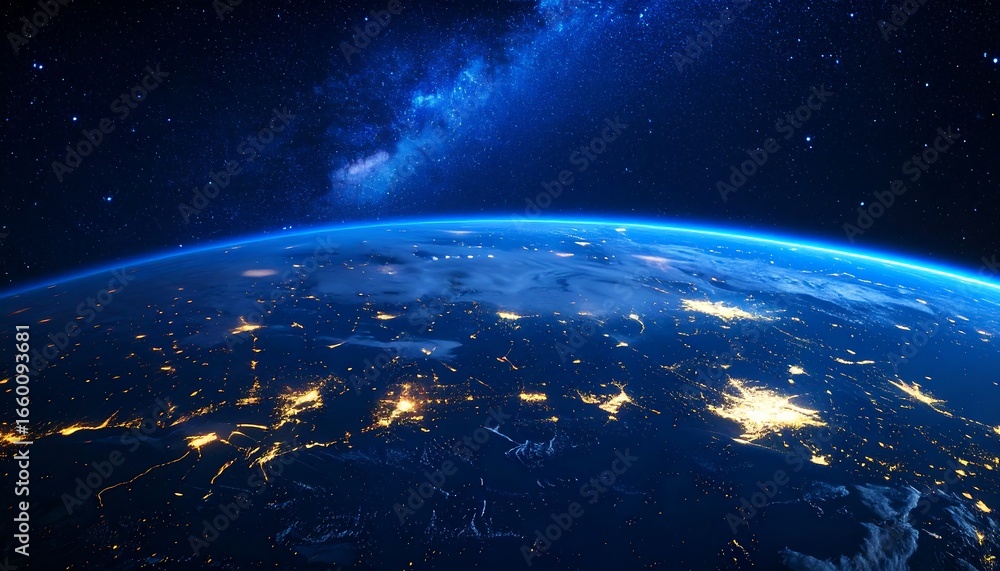 Fototapeta premium A view from space showcasing the Earth's illuminated continents, bathed in the dark cosmos.