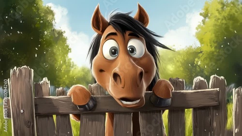 Video of funny cartoon horse looking over wooden fence in green summer field symbol of farm animal and humor
