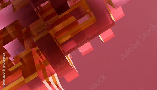 Abstract 3D geometric shapes in shades of pink and orange on a smooth pink background. Illustration, rendering