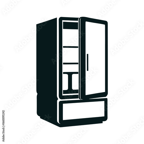 Dark blue silhouette of an open refrigerator with shelves and drawers on a white background fridge