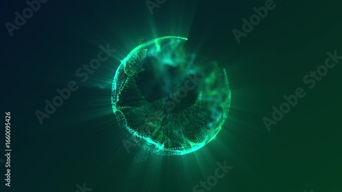 A glowing green sphere of particles creates an energetic, abstract visual representation.