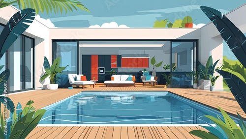 Luxury outdoor Swimming Pool with Modern Minimalist Design in Exclusive Hotel and Spa
