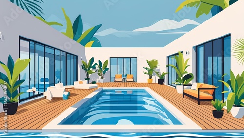 Luxury outdoor Swimming Pool with Modern Minimalist Design in Exclusive Hotel and Spa
