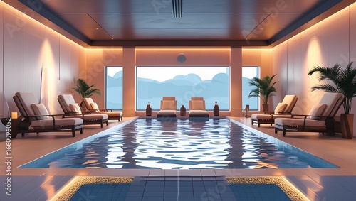 Luxury Indoor Swimming Pool with Modern Minimalist Design in Exclusive Hotel and Spa