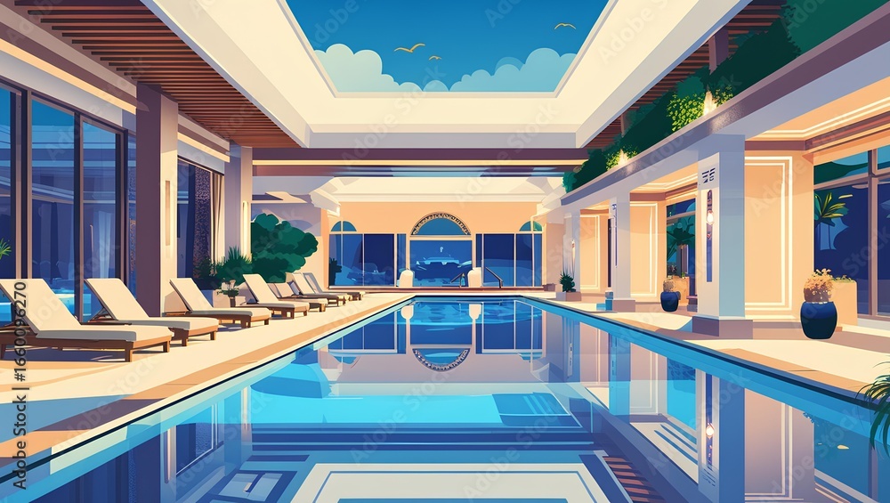 Obraz premium Luxury Indoor Swimming Pool with Modern Minimalist Design in Exclusive Hotel and Spa