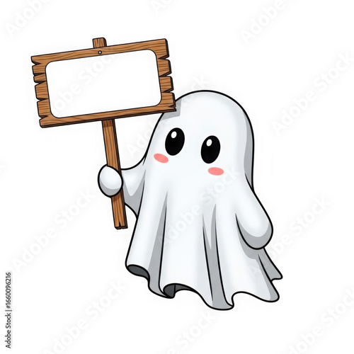 Cute cartoon ghost holding a blank wooden sign isolated on transparent background