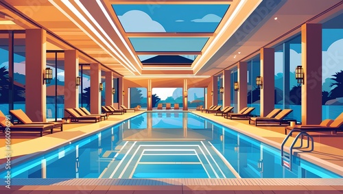 Luxury Indoor Swimming Pool with Modern Minimalist Design in Exclusive Hotel and Spa