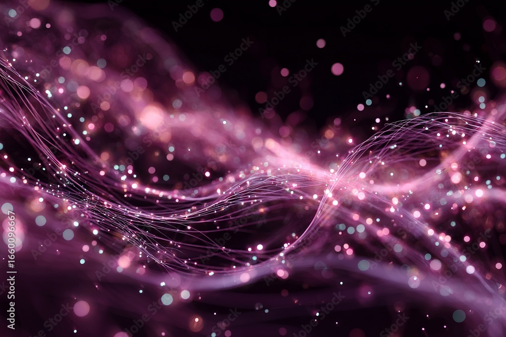 Obraz premium A mesmerizing digital artwork features swirling pink and purple light trails intertwined against a dark background, with scattered glowing particles adding a dynamic, ethereal effect.