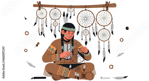 Native American artisan meticulously crafting a dreamcatcher, surrounded by finished pieces.