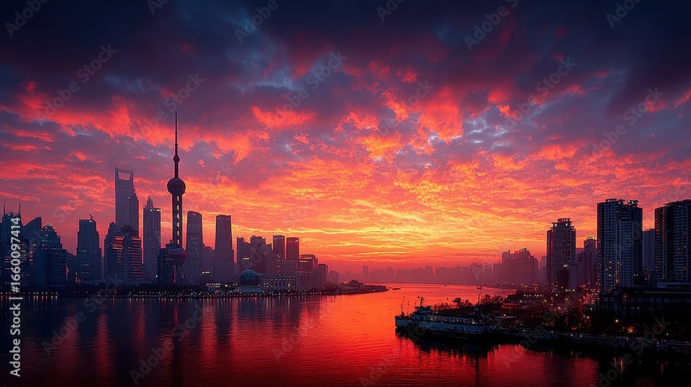 Fototapeta premium Dramatic Red Sunset Over Shanghai Skyline and Huangpu River, China