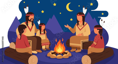 A Native American family gathers around a campfire at night for storytelling under a starry sky.