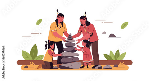 A Native American family, including two adults and two children, collaboratively building a tall stack of stones in a natural outdoor setting.