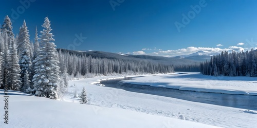 Wallpaper Mural Expansive Winter Landscape With Snow Covered Trees And A Winding River Under A Clear Blue Sky Torontodigital.ca