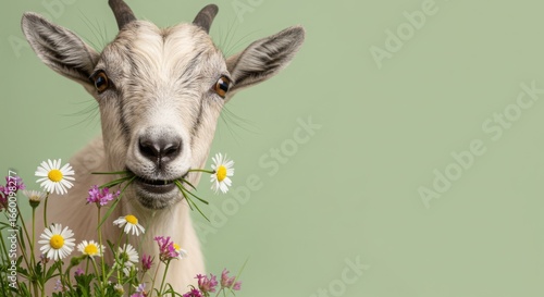 Goat with chamomile flowers on green background