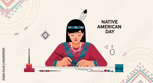 Illustration of a Native American woman crafting jewelry on Native American Day.