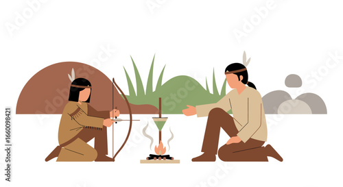 Two Native American figures, one aiming a bow and arrow, the other tending a small fire in a stylized outdoor setting.
