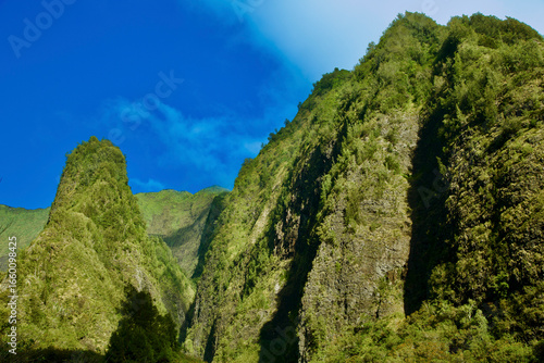Majestic green mountains under a clear vivid blue sky. Iao valley, Wailuku, Iao needle, Maui, Hawaii