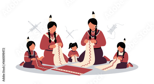 A group of Native American women and children sit together, sewing and crafting traditional textiles with intricate patterns.