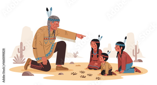 An Indigenous elder teaches three children about animal tracks in the desert, pointing to the ground.