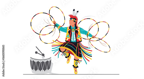 An indigenous dancer in traditional attire performs a hoop dance with colorful hoops, accompanied by a drum, against a white background.