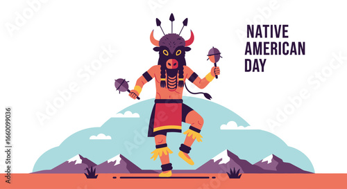 Native American dancer in traditional buffalo costume celebrating Native American Day.