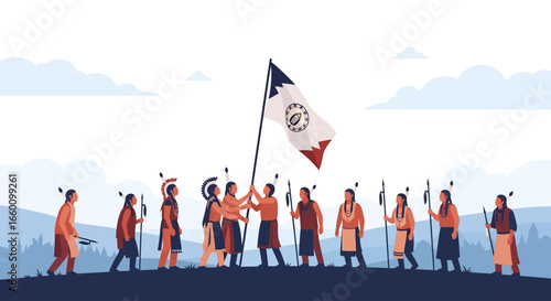 Native American tribal procession, raising a flag, celebrating heritage.