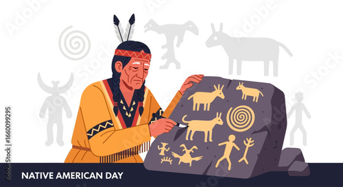 Native American man carving ancient petroglyphs, celebrating Native American heritage.