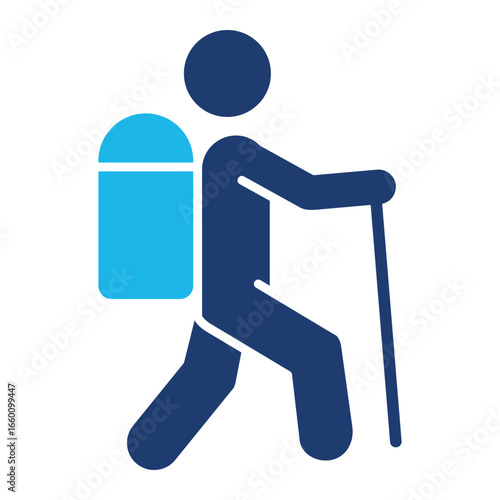 Hiking Icon In Blue Monochrome Flat Design, Vector Illustration