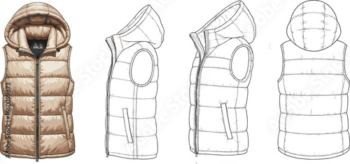 Sleeveless puffer vest CAD drawing, fashion technical flat sketch, hooded down gilet vector, front side back view illustration
