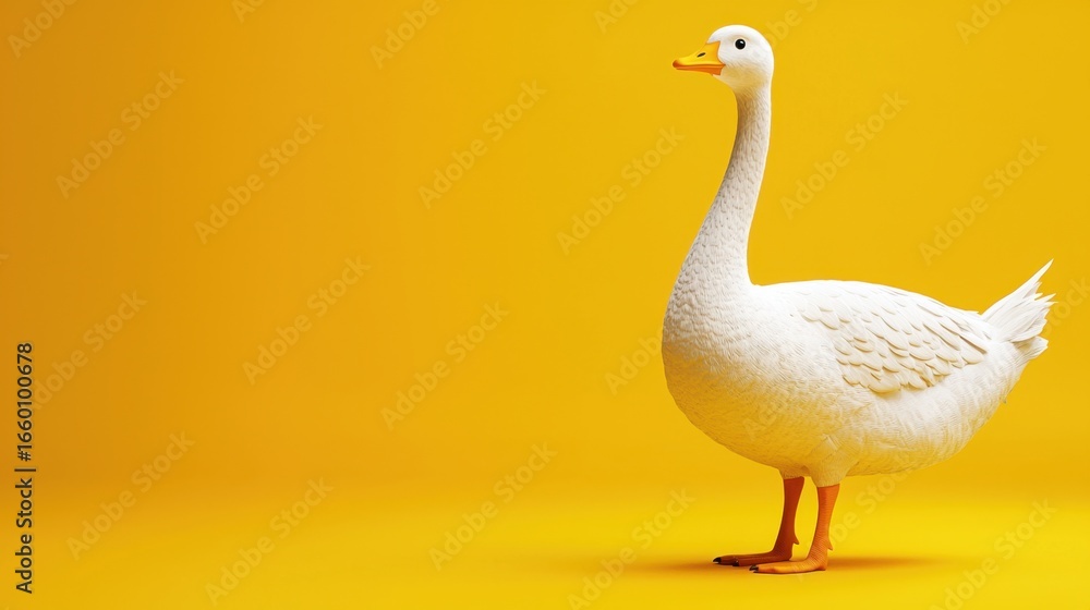 Fototapeta premium Realistic White Duck with Yellow Background in Playful and Lighthearted Composition